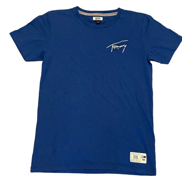 Tommy Hilfiger Blue Embroidered EUC Cotton T-Shirt Size Medium - Picture 1 of 4